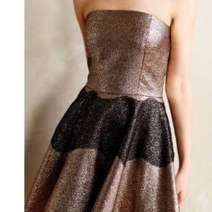 Anthropologie gold strapless dress with black lace detail